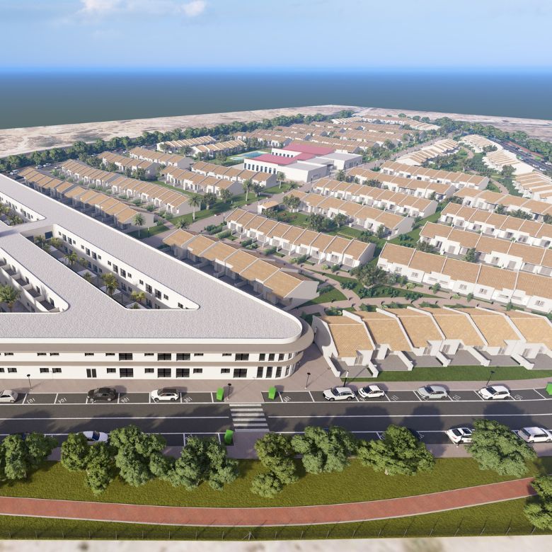 Vista aérea del complejo residencial Cohousing Vida Activa Senior en Benahadux, Almería